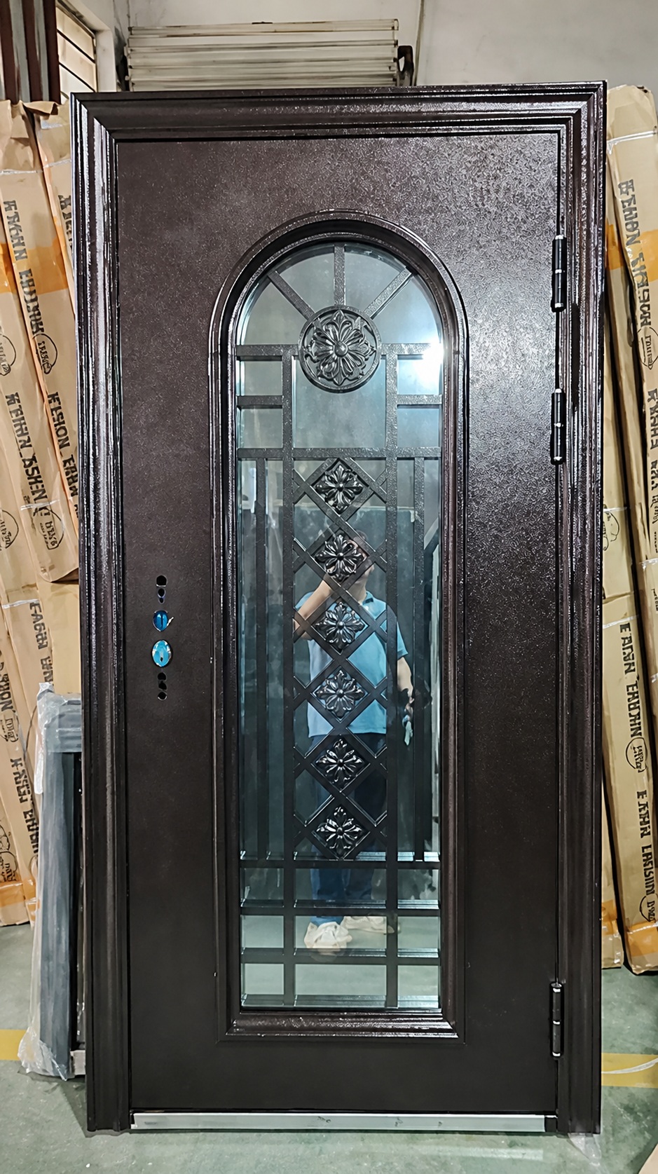 BROWN STEEL DOOR W/GLASS DESIGN